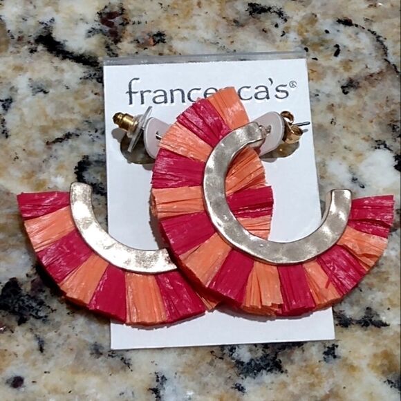 NWT FRANCESCAS Red/Orange Raffia Striped SemiCircle Matte Gold Hanging Earrings - Picture 7 of 7